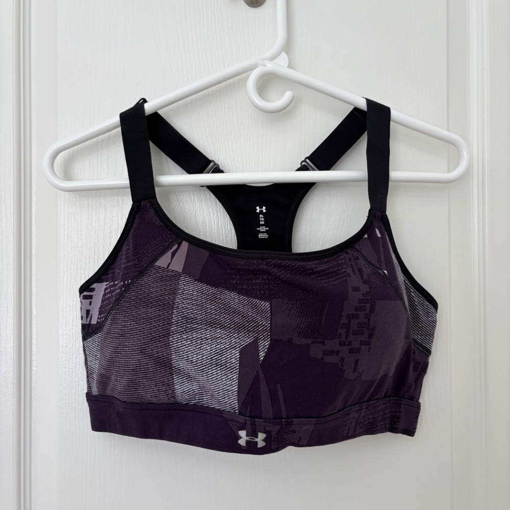 Under Armour Sports Bra Black Purple Print XL Adjustable Straps Pullover